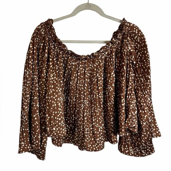 She + Sky Brown Polka Dot Off the Shoulder Silky Blouse Romantic Women’s Large - Picture 4 of 9